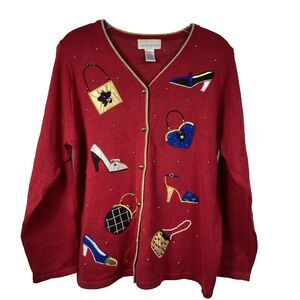 Susan Graver Cardigan Sweater Large Red Purses Heels Artsy Embellishment Unique